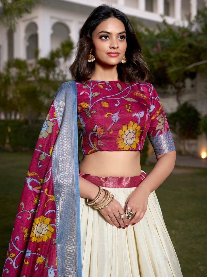Alluring Off-White Kalamkari Printed Silk Onam Special Lehenga Choli 