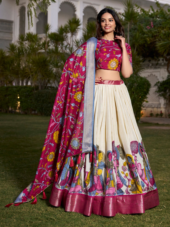 Alluring Off-White Kalamkari Printed Silk Onam Special Lehenga Choli 