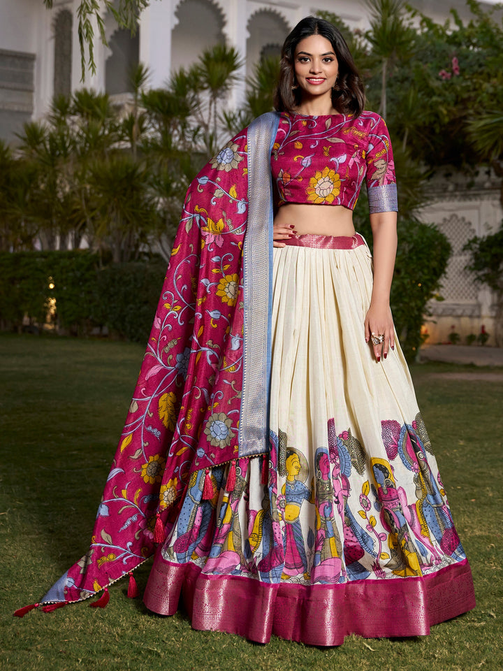 Alluring Off-White Kalamkari Printed Silk Onam Special Lehenga Choli 