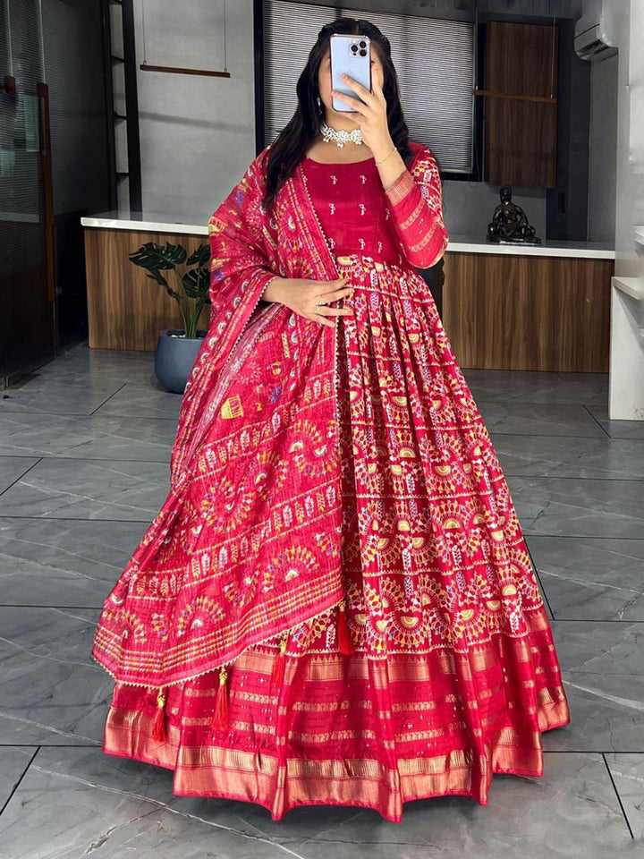 Charming Red Zari Weaving Cotton Silk Traditional Gown With Dupatta