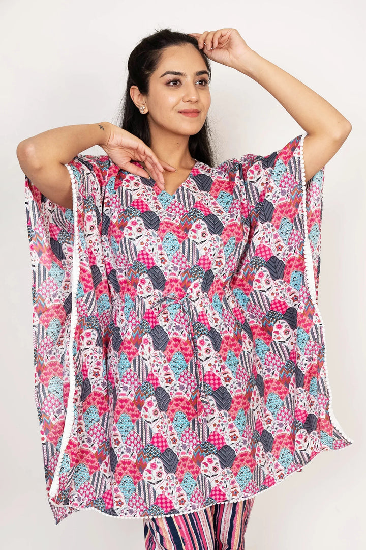 Pretty in Pink and Blue: Cotton Floral Kaftan with Pants Set for Mom & Daughter - Summer Matching Outfits