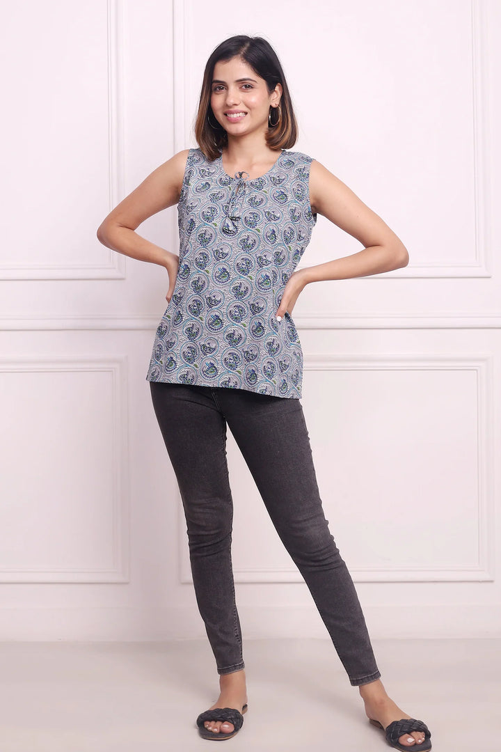 Cotton Classic Duo: Grey Printed Sleeveless Top Set for Mom and Daughter