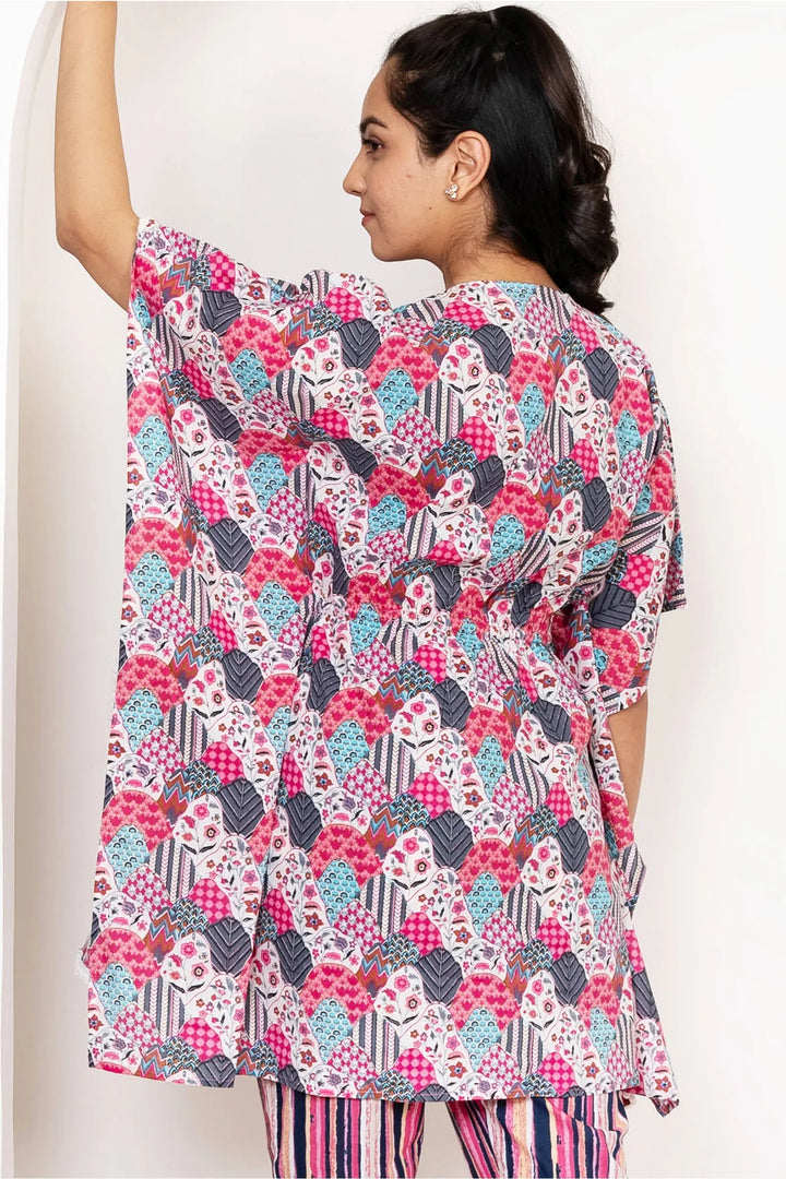 Pretty in Pink and Blue: Cotton Floral Kaftan with Pants Set for Mom & Daughter - Summer Matching Outfits