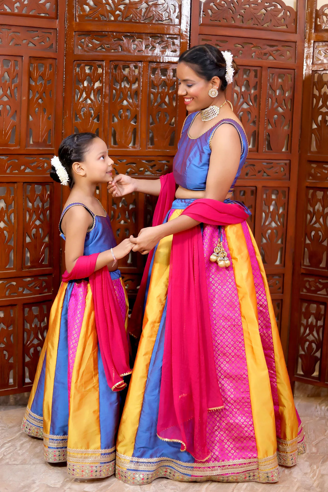 Traditional Blue and Multicolor Lehenga With Choli Set With Matching Dupatta Mom and Daughter Twin Set