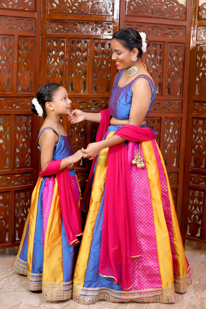 Traditional Blue and Multicolor Lehenga With Choli Set With Matching Dupatta Mom and Daughter Twin Set