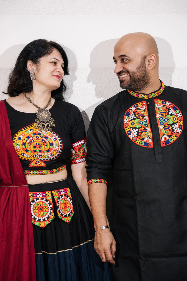 Ethnic Hand Embroidered Black And Multi Color Lehenga Choli With Matching Kurta Pyjama Family Twin Set