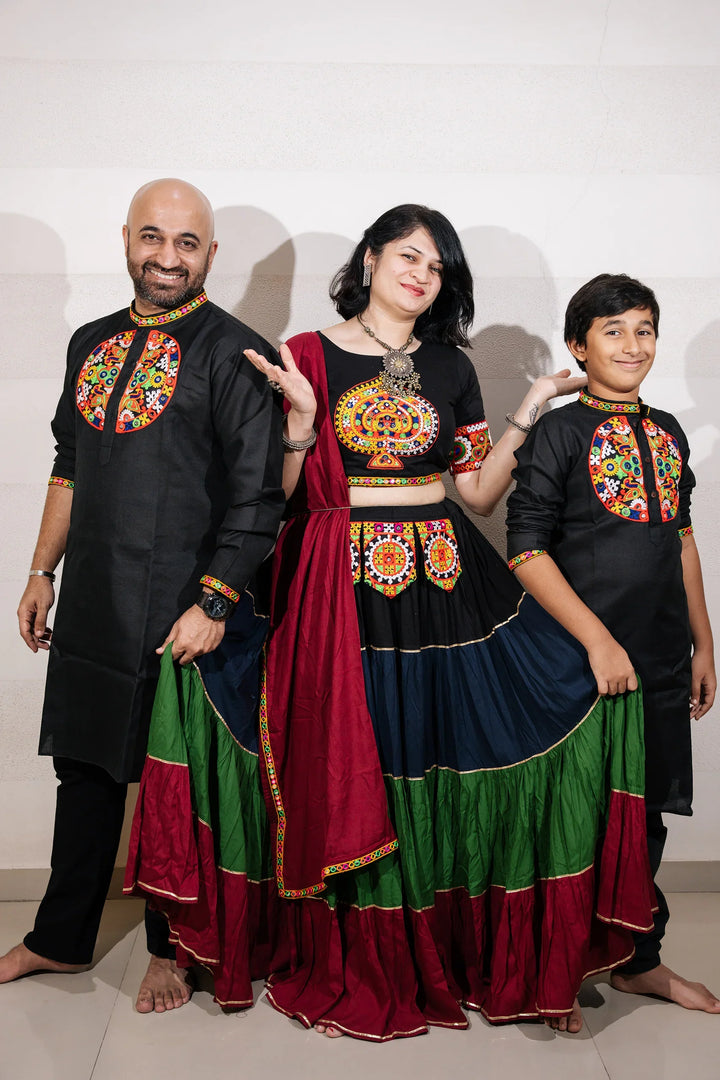 Ethnic Hand Embroidered Black And Multi Color Lehenga Choli With Matching Kurta Pyjama Family Twin Set
