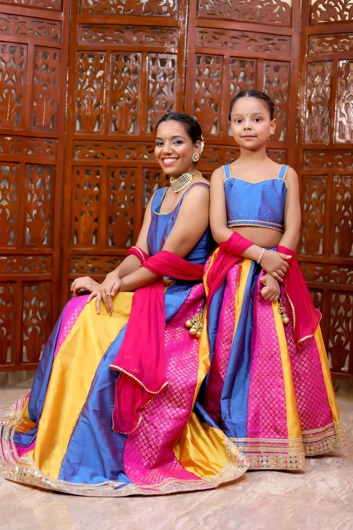 Traditional Blue and Multicolor Lehenga With Choli Set With Matching Dupatta Mom and Daughter Twin Set