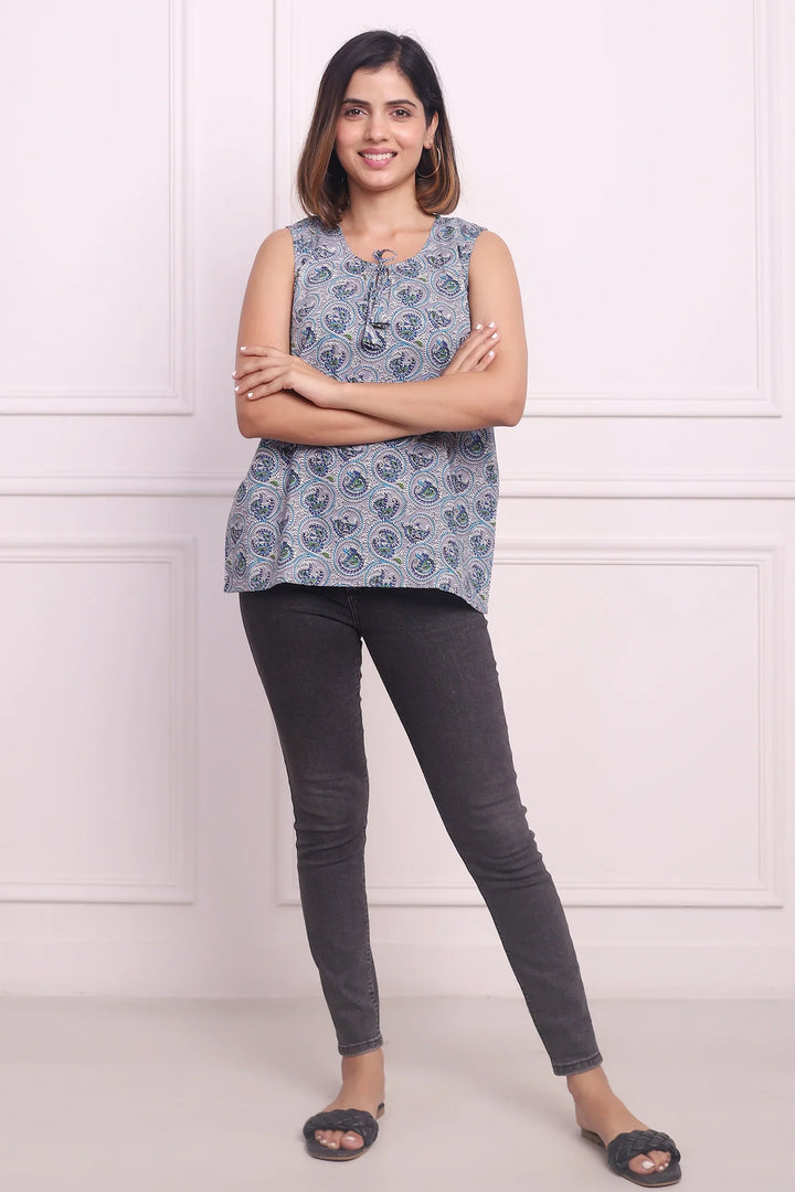 Cotton Classic Duo: Grey Printed Sleeveless Top Set for Mom and Daughter