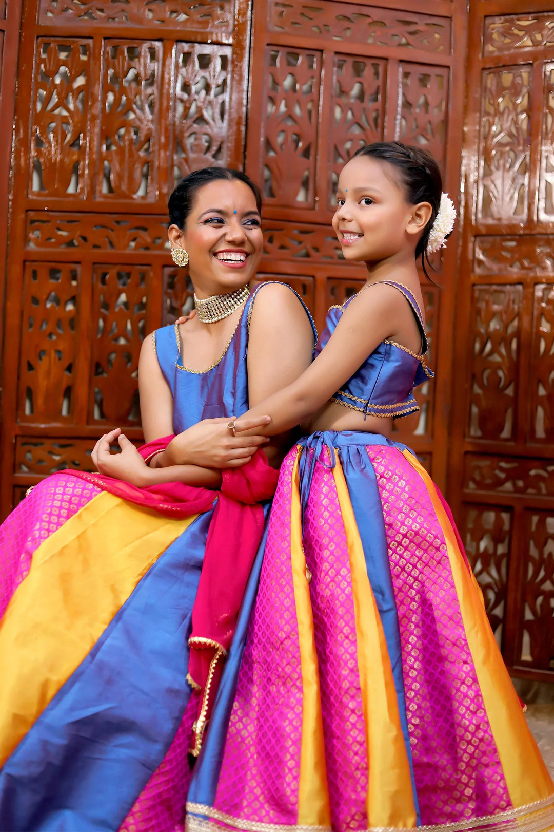 Traditional Blue and Multicolor Lehenga With Choli Set With Matching Dupatta Mom and Daughter Twin Set
