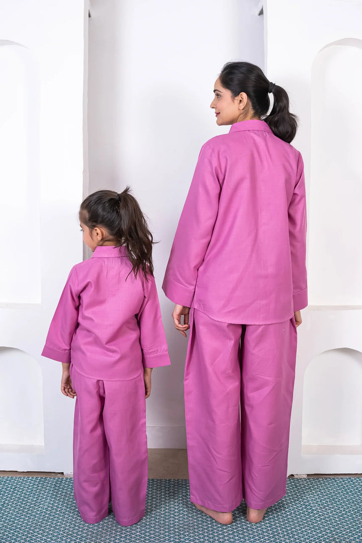Summer Vacation Essentials: Purple Cotton Matching Outfits for Mom and Daughter: Pant and Shirt Co-Ord Set