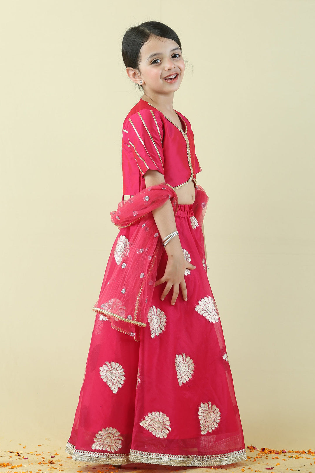 Fuchsia Pink and Golden Brocade Lehenga Choli Mom and Daughter Twin Set