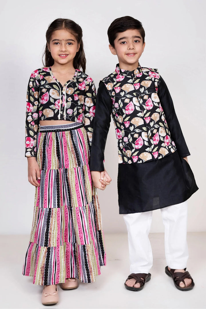 Black and Multicolored Cotton Sibling Twin Set: Lehenga Crop top and Dupatta with Matching Kurta Pyjama, and Jacket For Boy