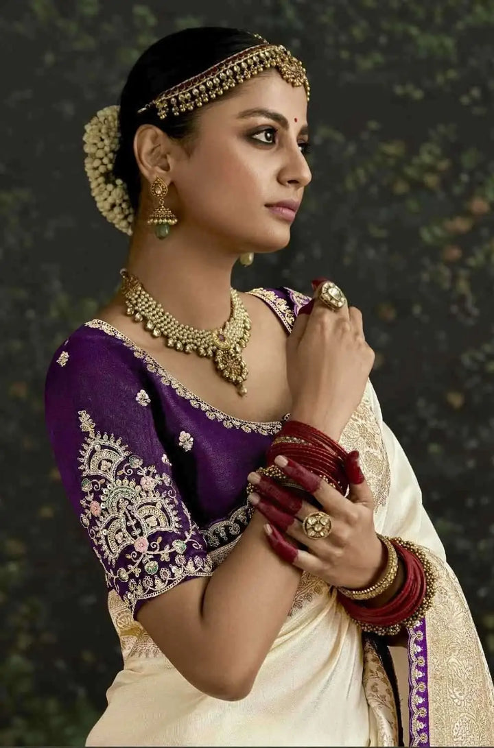 Designer Dola Silk Cream Saree with Sequins Embroidery for Wedding