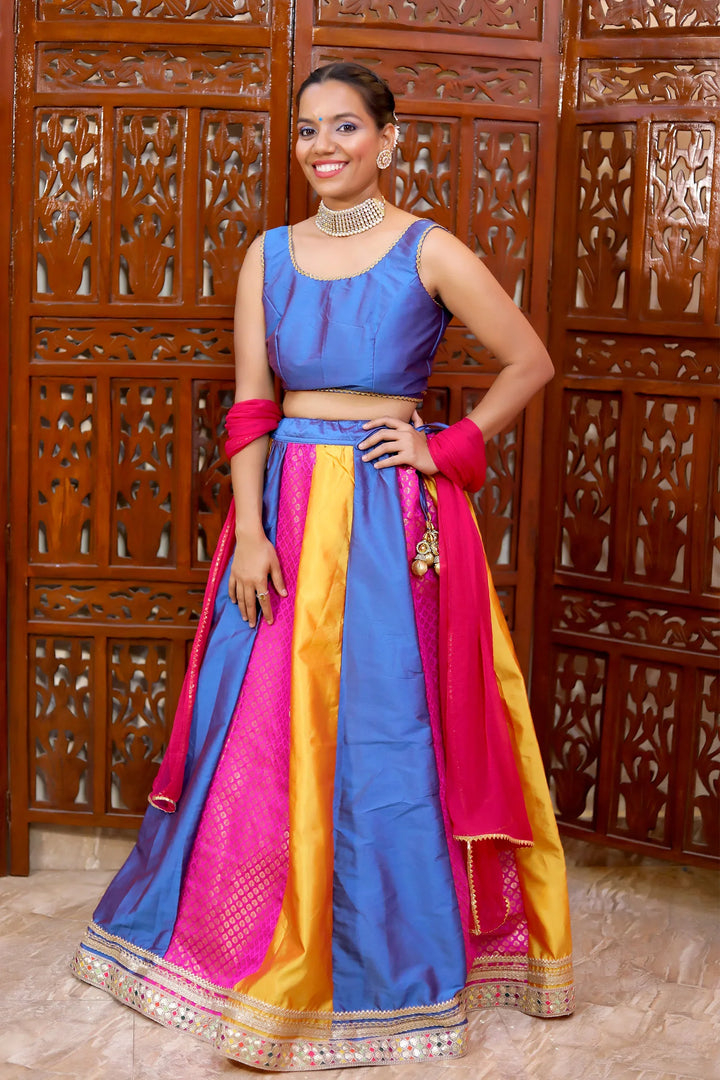 Traditional Blue and Multicolor Lehenga With Choli Set With Matching Dupatta Mom and Daughter Twin Set