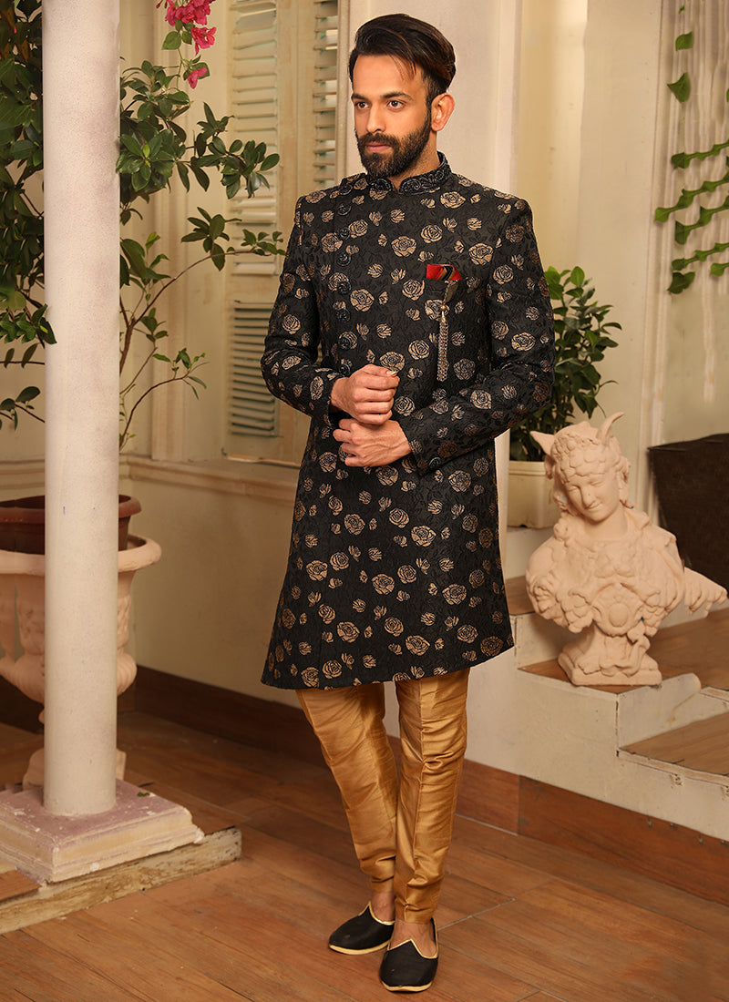 Black Jacquard Sherwani | Elegant Embroidery Work for Reception Wear