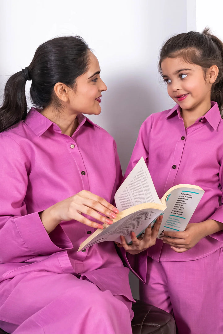 Summer Vacation Essentials: Purple Cotton Matching Outfits for Mom and Daughter: Pant and Shirt Co-Ord Set