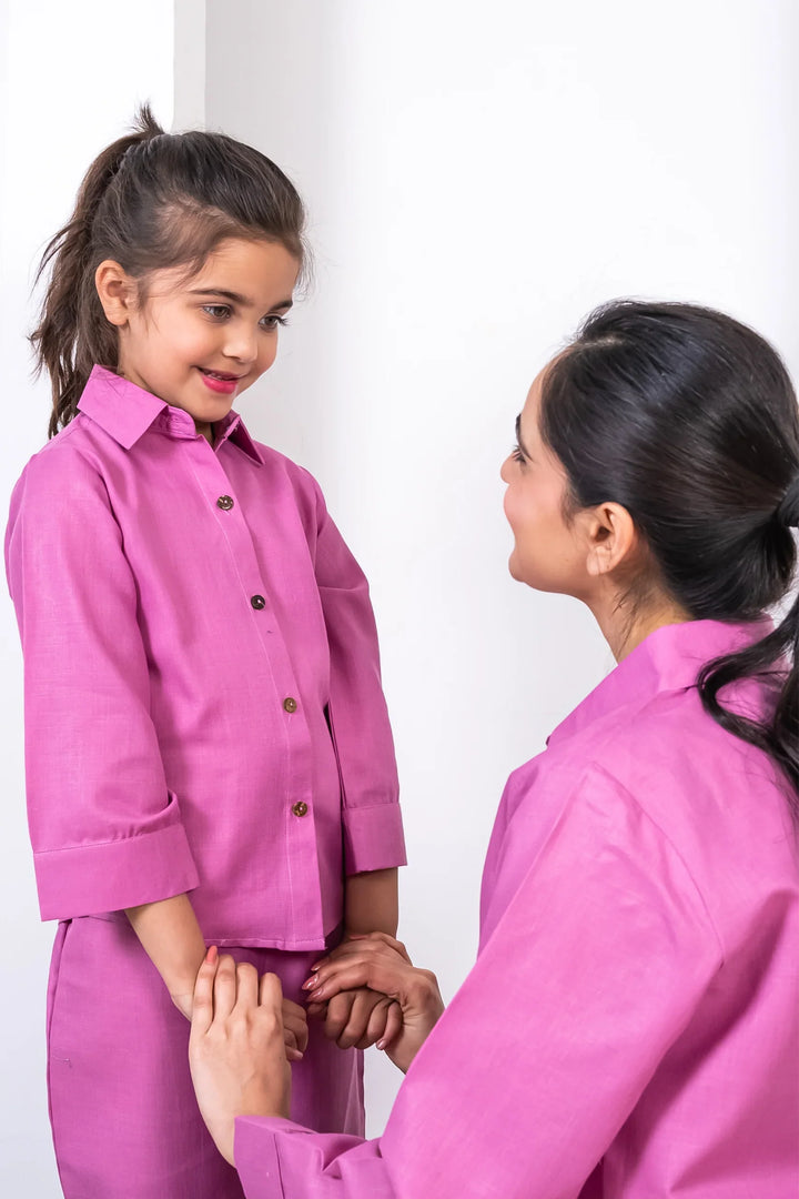 Summer Vacation Essentials: Purple Cotton Matching Outfits for Mom and Daughter: Pant and Shirt Co-Ord Set