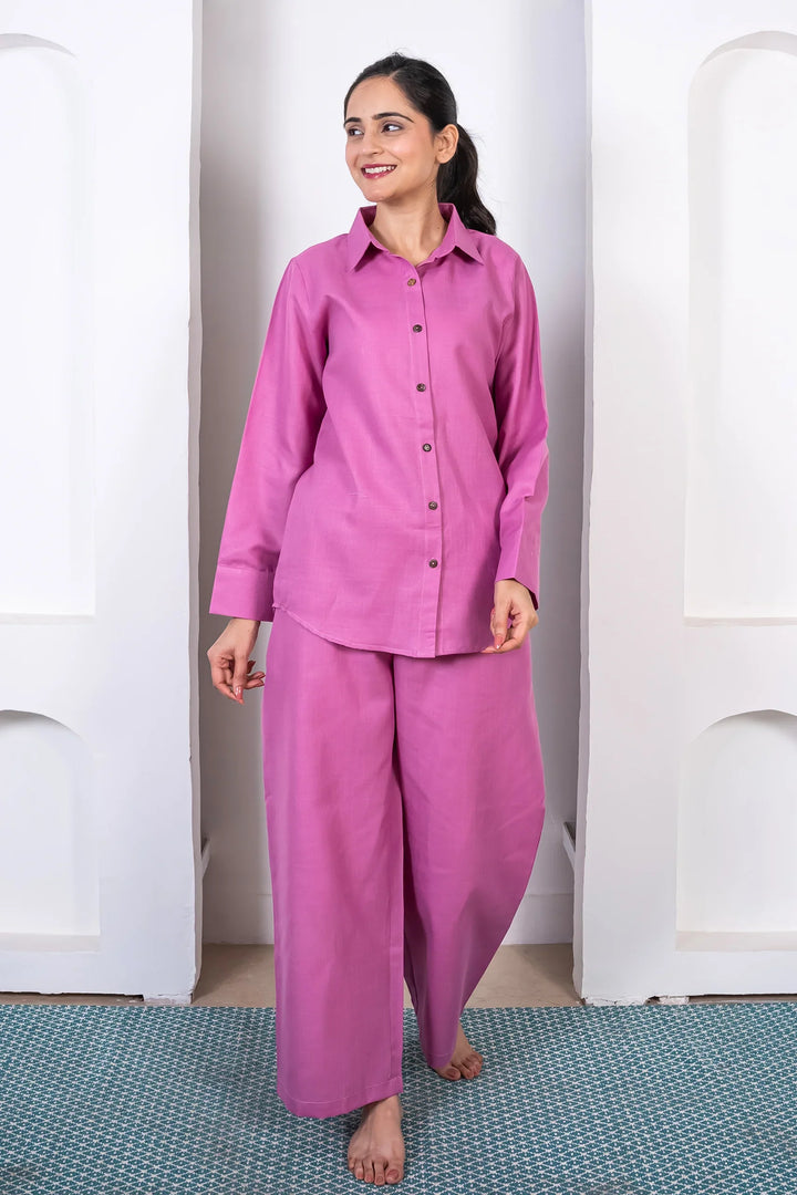 Purple Cotton Pants with Shirts Co ord Set for Women