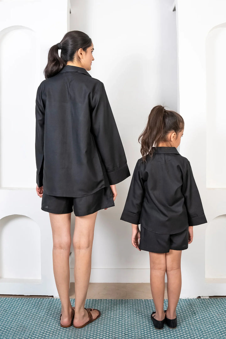 Black Cotton Collar Neck Matching Outfits for Mom and Daughter - Shorts with Shirt Co-ord Set