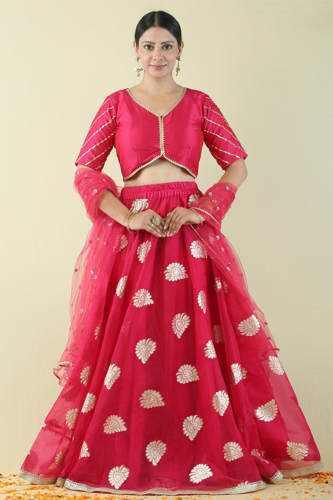 Fuchsia Pink and Golden Brocade Lehenga Choli Mom and Daughter Twin Set