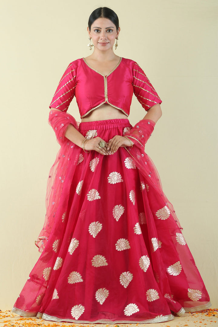 Fuchsia Pink and Golden Brocade Lehenga Choli Mom and Daughter Twin Set