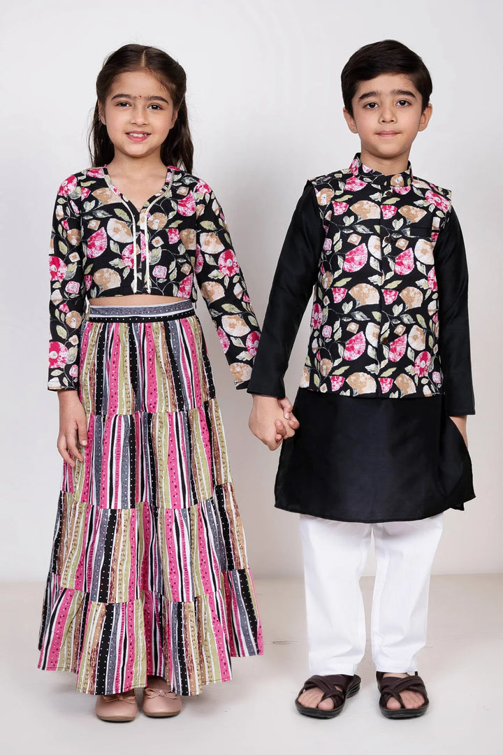 Black and Multicolored Cotton Sibling Twin Set: Lehenga Crop top and Dupatta with Matching Kurta Pyjama, and Jacket For Boy