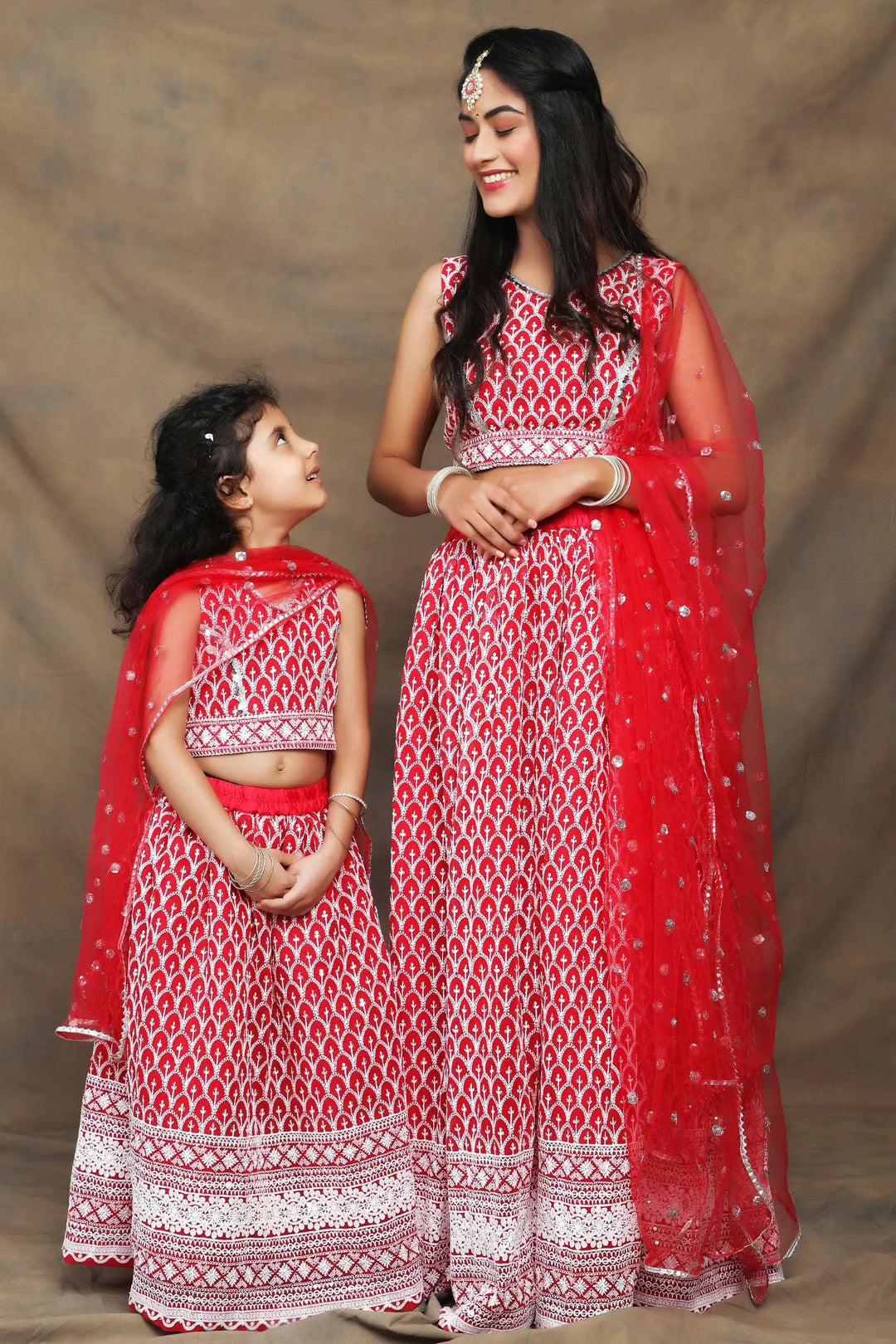 Fuchsia And White Thread work Embroidered Ethnic Mom and Daughter Twin Set