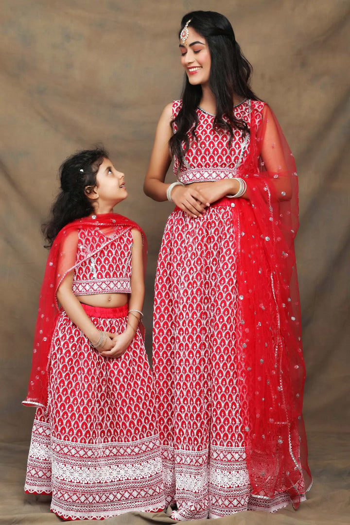 Fuchsia And White Thread work Embroidered Ethnic Mom and Daughter Twin Set