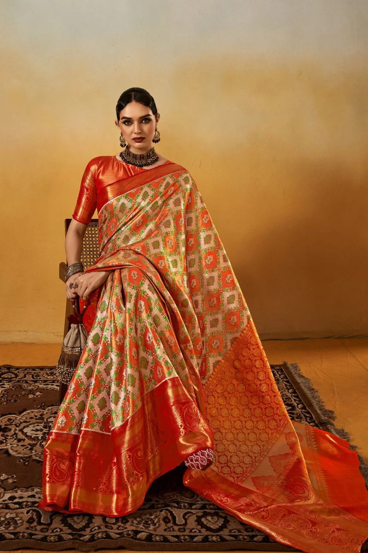 Beige & Orange Dharmavaram Silk Saree with Big Zari Border