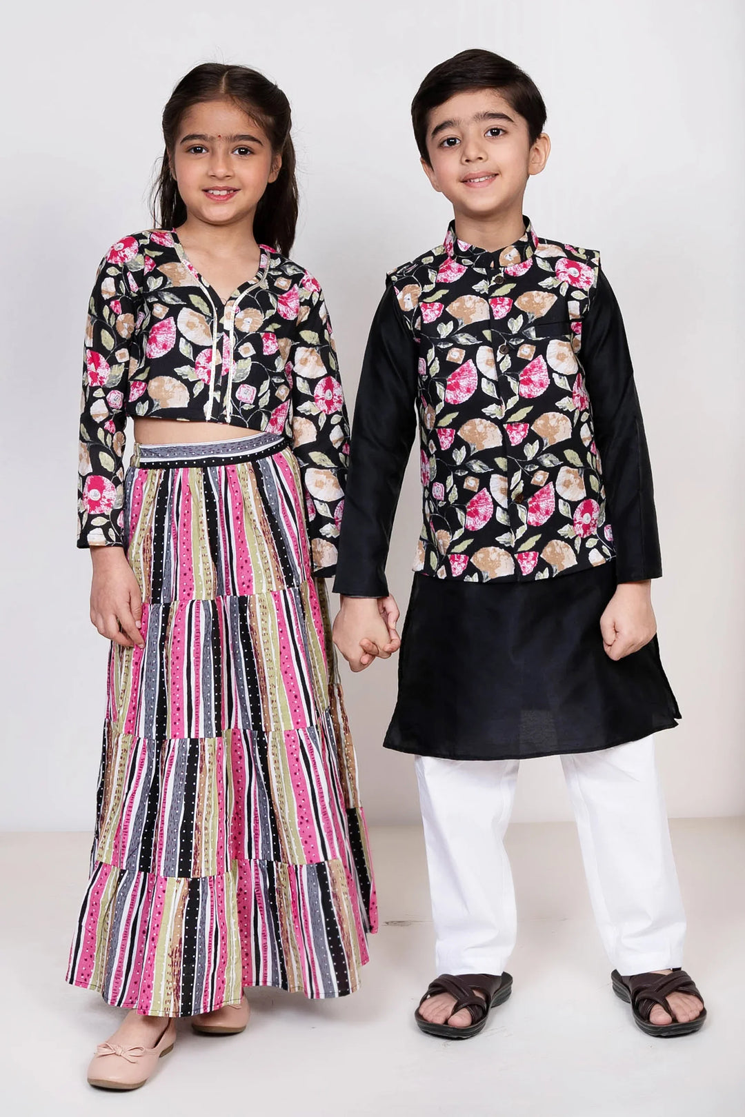 Black and Multicolored Cotton Sibling Twin Set: Lehenga Crop top and Dupatta with Matching Kurta Pyjama, and Jacket For Boy