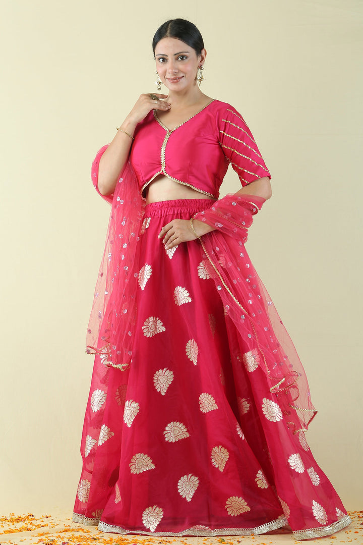 Fuchsia Pink and Golden Brocade Lehenga Choli Mom and Daughter Twin Set