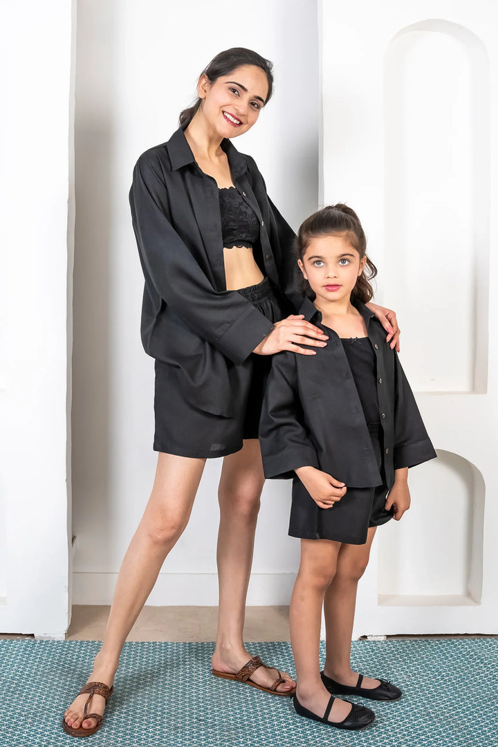 Black Cotton Collar Neck Matching Outfits for Mom and Daughter - Shorts with Shirt Co-ord Set