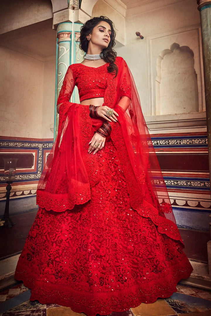 Red Soft Net Lehenga Choli | Bridal Outfit for Weddings & Parties
