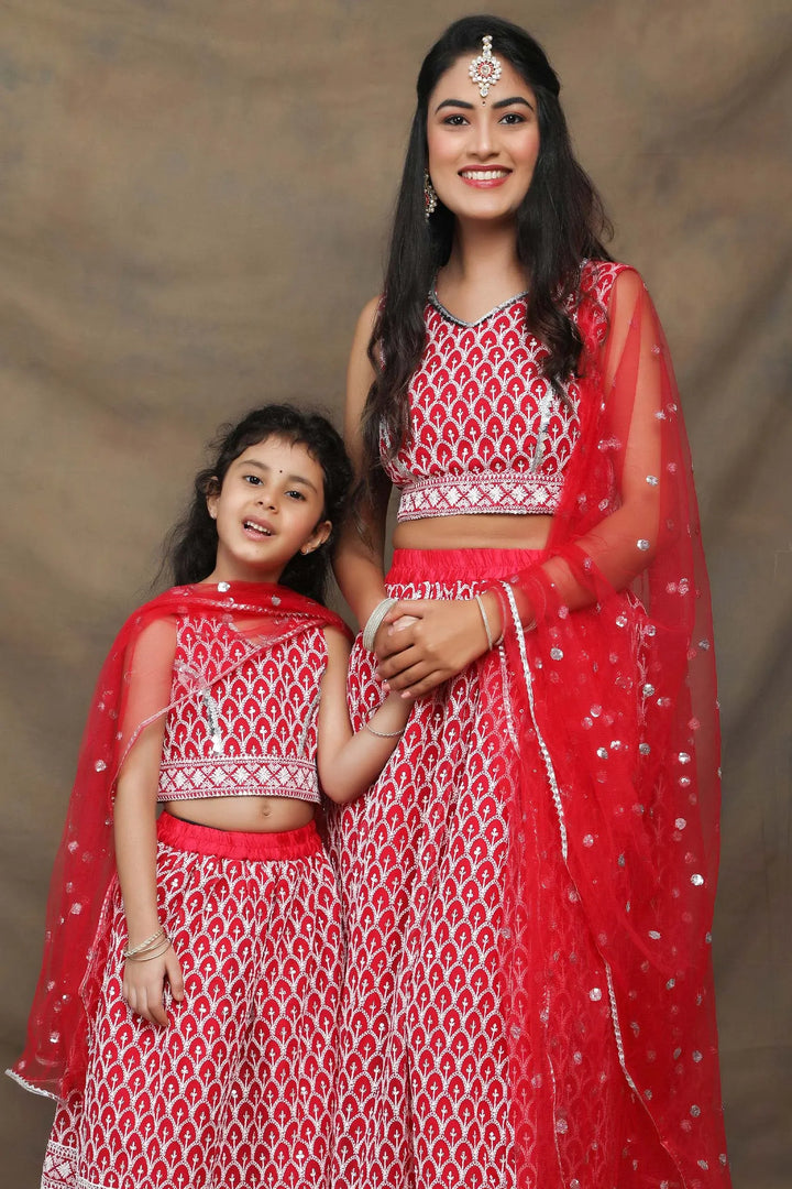 Fuchsia And White Thread work Embroidered Ethnic Mom and Daughter Twin Set