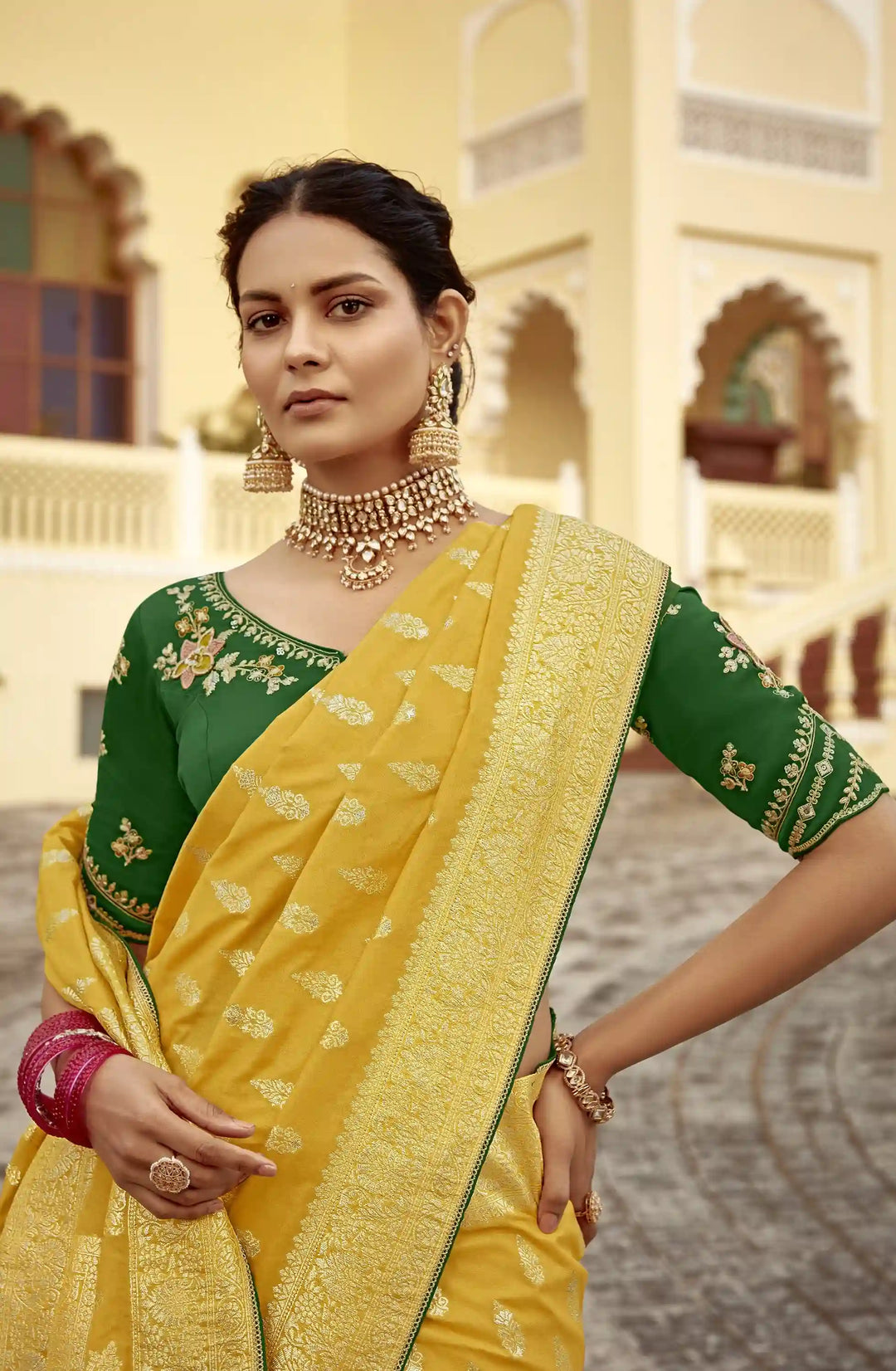 Stunning Yellow Dola Silk Saree with Heavy Embroidery
