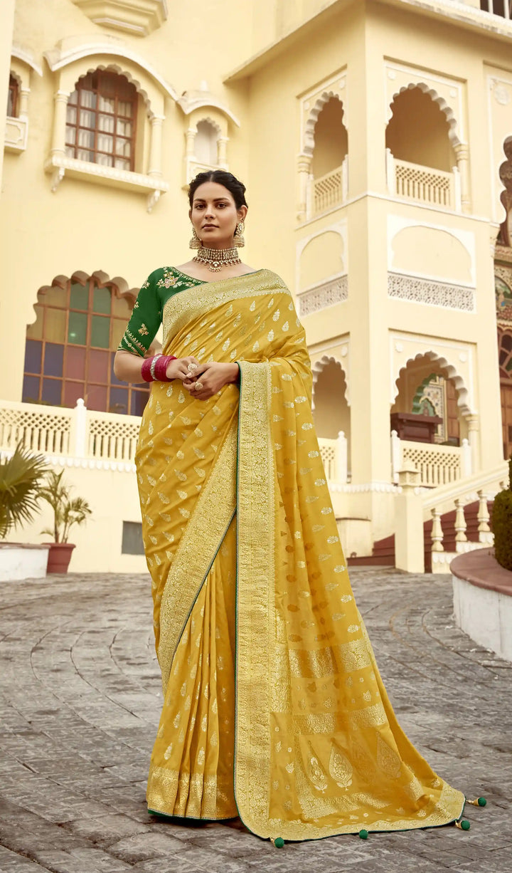 Stunning Yellow Dola Silk Saree with Heavy Embroidery