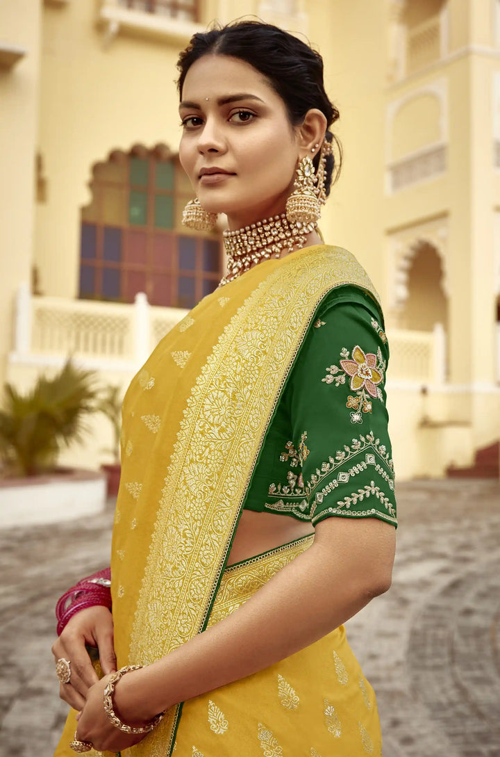 Stunning Yellow Dola Silk Saree with Heavy Embroidery