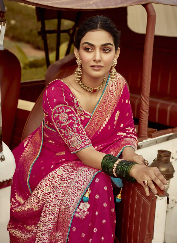 Exclusive Rani Pink Embroidered Dola Silk Saree