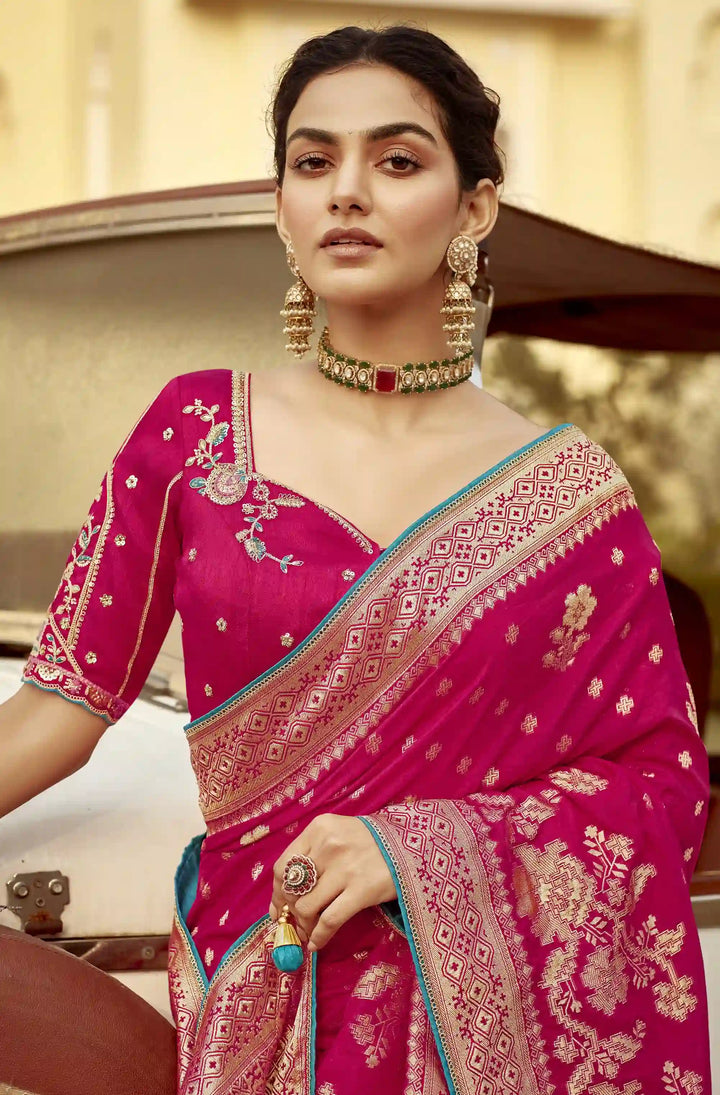Exclusive Rani Pink Embroidered Dola Silk Saree