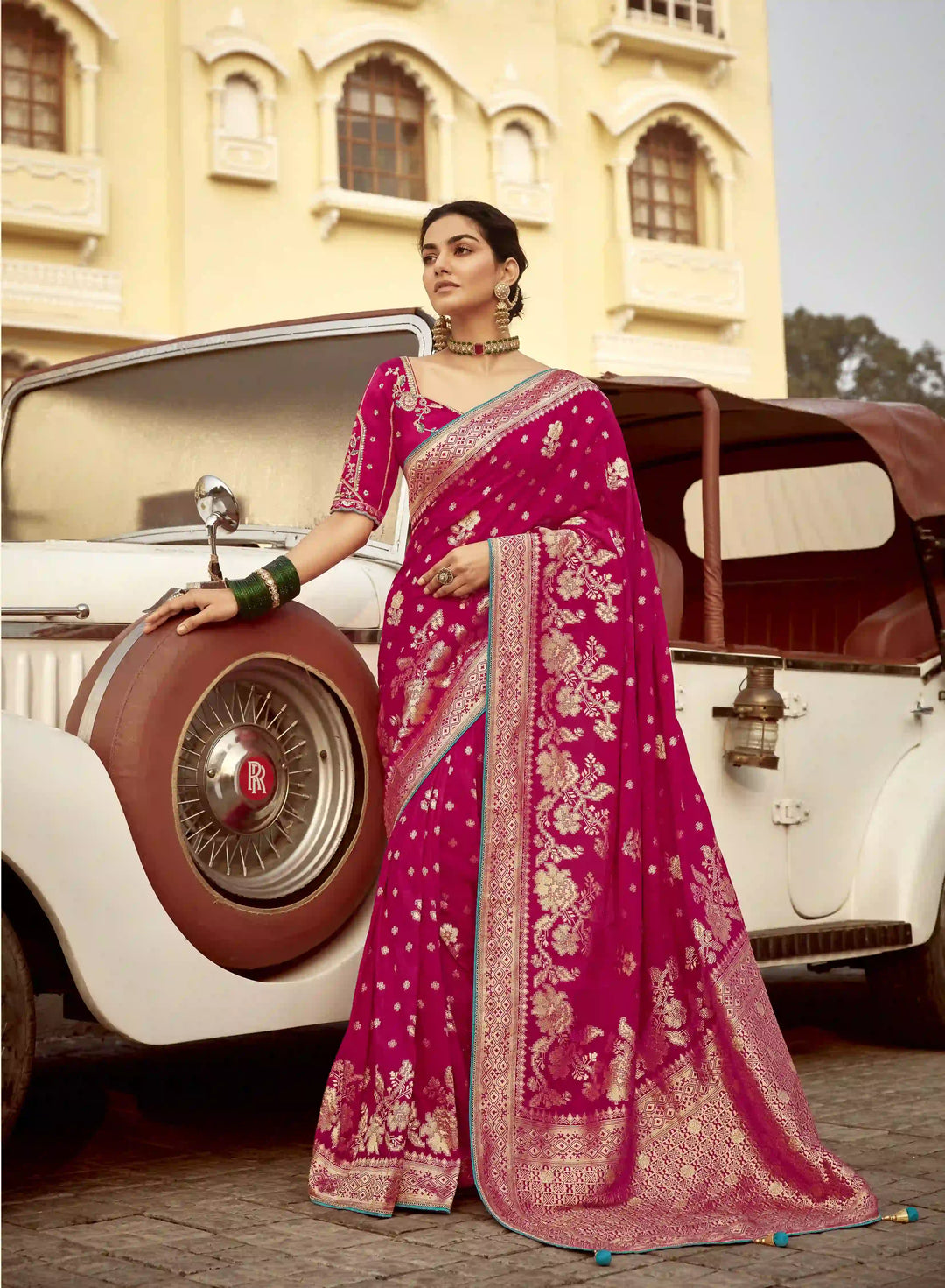 Exclusive Rani Pink Embroidered Dola Silk Saree