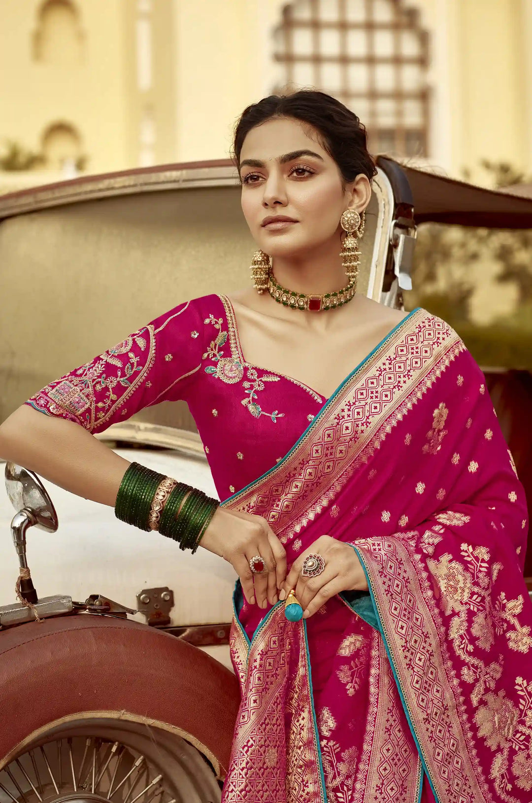 Exclusive Rani Pink Embroidered Dola Silk Saree