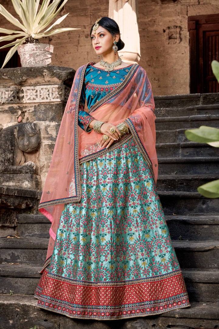 Bridal Sky Blue Lehenga for Wedding | Soft Net Dupatta Included