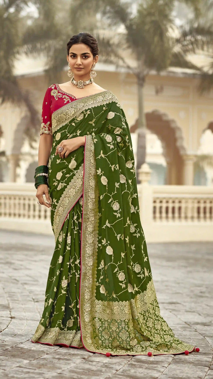 Eye-Catching Green Silk Saree with Artistic Embroidery and Pallu