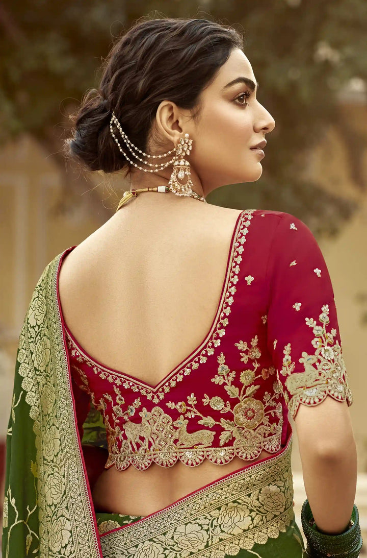 Eye-Catching Green Silk Saree with Artistic Embroidery and Pallu