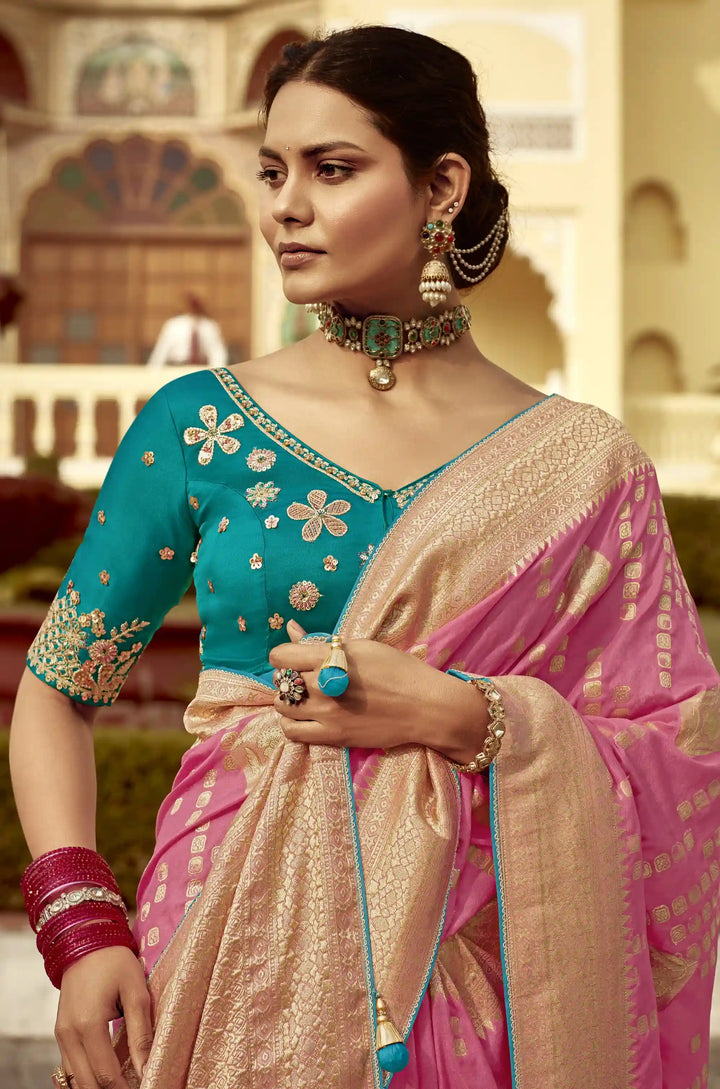 Premium Pink Saree with Embroidered Pallu and Blouse
