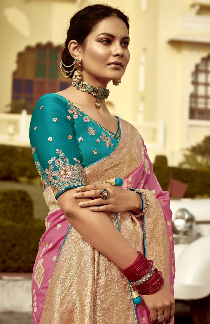 Premium Pink Saree with Embroidered Pallu and Blouse