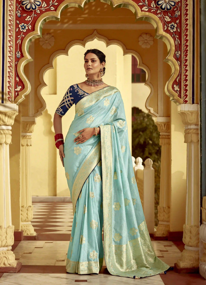 Mesmerizing Sky Blue Party Wear Saree in Dola Silk Fabric