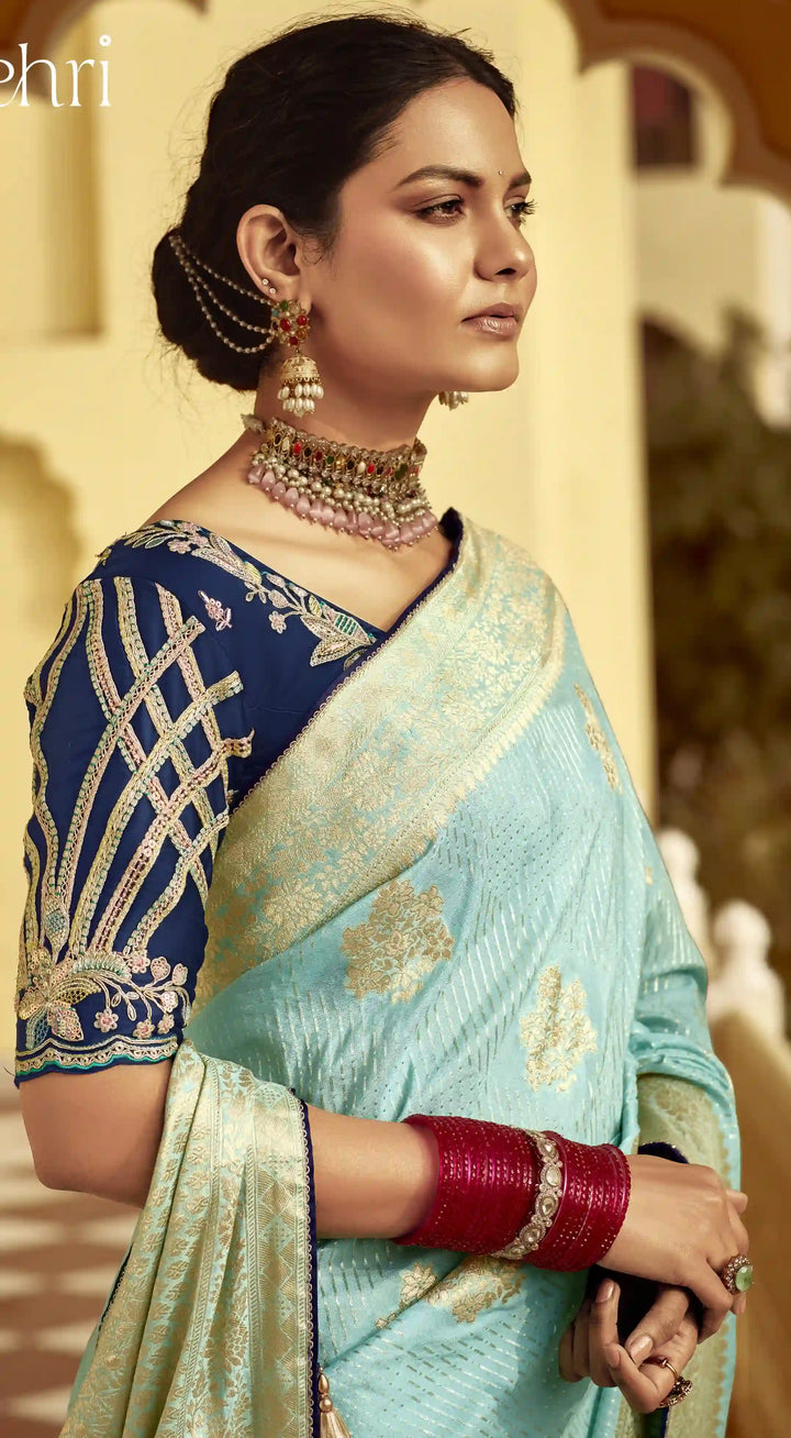 Mesmerizing Sky Blue Party Wear Saree in Dola Silk Fabric
