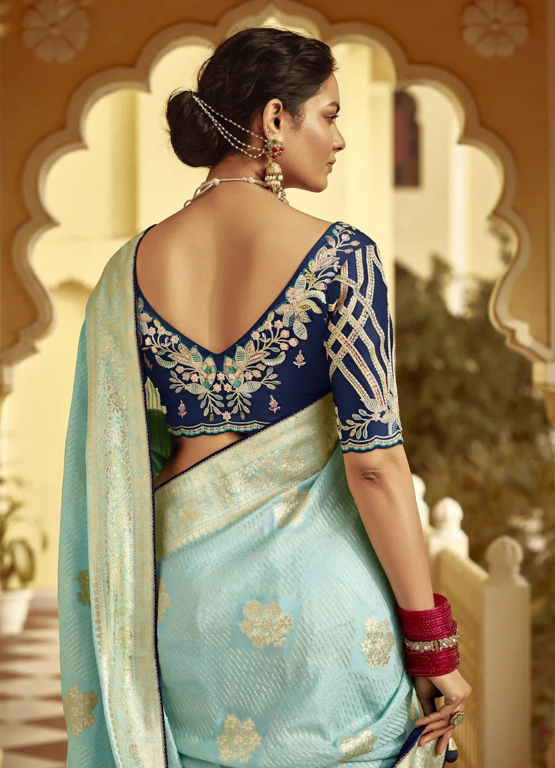 Mesmerizing Sky Blue Party Wear Saree in Dola Silk Fabric